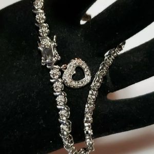 ***SOLD**Silver Diamond Cut Heart Charm Tennis Bracelet